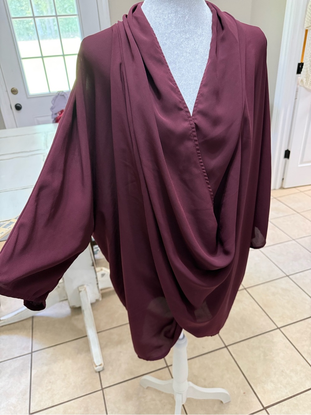 Cato Burgundy Oversized Draped Cowl Neck Boho Tunic Blouse M/L - Picture 2 of 12
